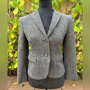 Theory Shamara Gray Black Leather Elbow Patch Slim Short Wool Blazer Jacket